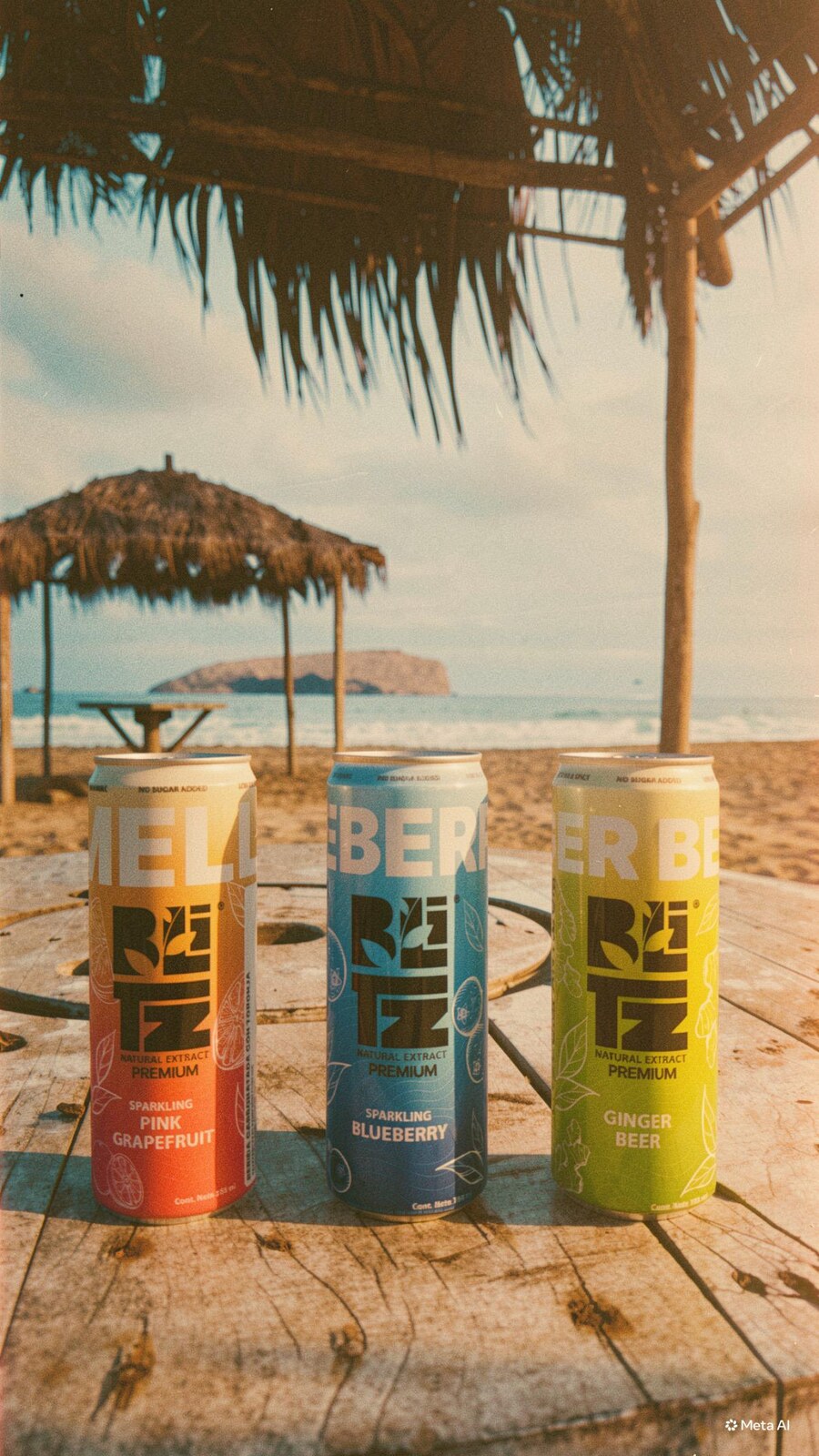 Latas BLITZ en la playa con luz cálida de atardecer
